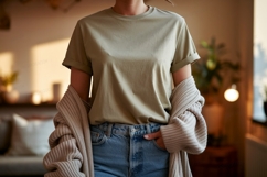 Olive green t shirt denim jeans cardigan image Product Image 1