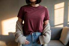 Maroon t shirt blue jeans cardigan image Product Image 1