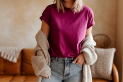 Purple shirt light jeans cardigan woman Product Image 1