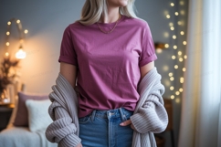 Woman wearing pink t shirt and jeans image Product Image 1