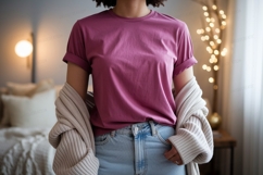 Magenta shirt light jeans cozy cardigan blue Product Image 1