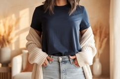 Woman wearing navy t shirt and cream cardigan image Product Image 1