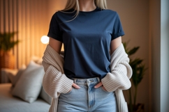 Woman wearing dark blue t shirt and light blue jeans Product Image 1