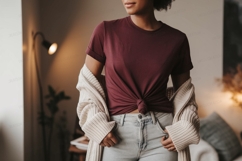 Maroon shirt light jeans knit cardigan image Product Image 1
