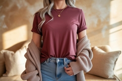 Woman wearing maroon t shirt and denim jeans image Product Image 1