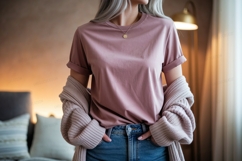 Woman wearing pink t shirt and blue jeans image Product Image 1