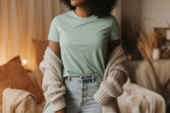Woman wearing mint t shirt and denim jeans image Product Image 1