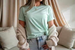Mint green t shirt and cream cardigan mockup image Product Image 1