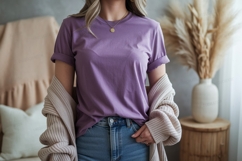 Purple shirt light cardigan jeans woman Product Image 1