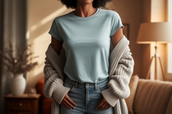 Woman wearing light blue t shirt and denim jeans image Product Image 1