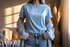 Light blue t shirt casual outfit jeans cardigan Product Image 1