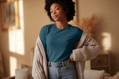 Woman wearing teal shirt and cardigan jeans Product Image 1