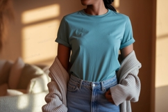 Teal t shirt denim jeans cardigan tshirt Product Image 1