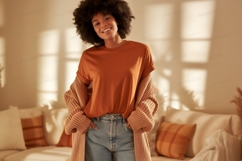 Woman wearing orange shirt and jeans cardigan Product Image 1