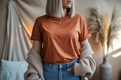 Woman wearing orange t shirt and jeans image Product Image 1