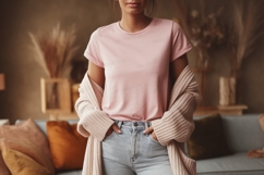 Pink shirt light jeans cardigan woman Product Image 1