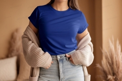 Woman wearing blue t shirt and cardigan tshirt jeans Product Image 1