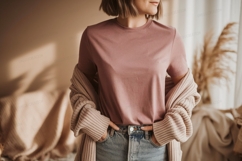 Woman wearing pink t shirt and cardigan image Product Image 1