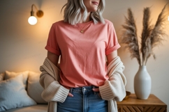 Coral shirt blue jeans cardigan image Product Image 1