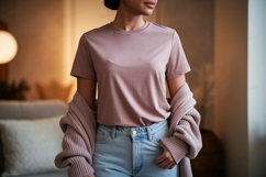 Woman wearing pink t shirt and jeans image Product Image 1