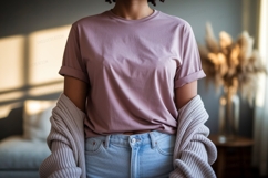 Woman wearing pink t shirt and denim jeans image Product Image 1