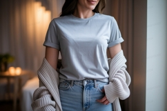 Woman wearing light blue t shirt and denim jeans image Product Image 1
