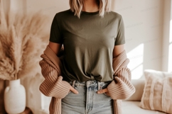Olive tee light denim casual outfit jeans cardigan Product Image 1