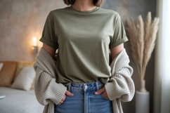 Olive tee light denim casual outfit jeans cardigan Product Image 1