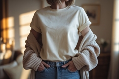 Cream shirt blue jeans cardigan image Product Image 1