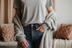 Grey shirt blue jeans cardigan image Product Image 1