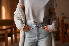Casual grey t shirt light blue jeans and cardigan tshirt Product Image 1