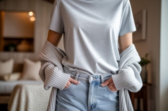 Woman wearing grey t shirt blue jeans and cardigan Product Image 1