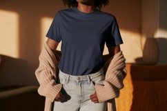 Dark blue t shirt light jeans tan cardigan mockup Product Image 1