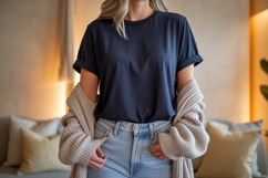 Woman wearing dark blue t shirt and light blue jeans Product Image 1