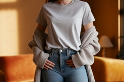 Gray shirt blue jeans cardigan image Product Image 1