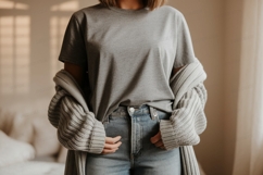 Grey t shirt blue jeans cardigan image Product Image 1