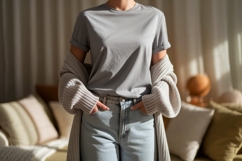Grey tee light denim casual mockup Product Image 1