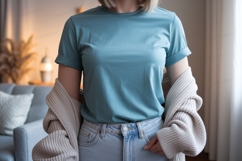 Teal t shirt light blue jeans beige cardigan tshirt Product Image 1