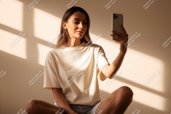 Woman taking selfie with phone casual indoor Product Image 1