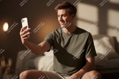 Young man taking selfie with phone technology indoor Product Image 1
