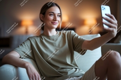 Woman taking selfie on couch phone indoor Product Image 1