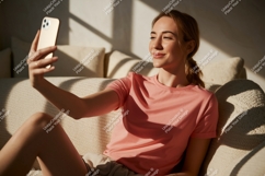 Woman taking selfie on sofa phone casual Product Image 1