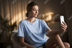 Woman taking selfie with phone blue Product Image 1
