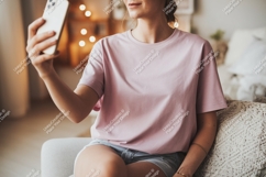 Woman taking selfie in pink shirt phone Product Image 1