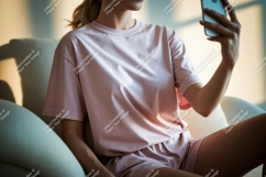 Woman wearing pink pajamas taking selfie phone Product Image 1