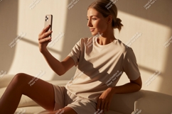 Woman holding phone taking selfie casual Product Image 1