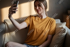 Woman taking selfie on couch phone indoor Product Image 1