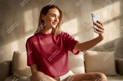 Woman taking selfie with phone casual Product Image 1