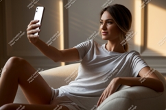 Woman taking selfie on couch phone indoor Product Image 1