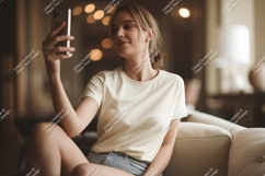 Blonde woman taking selfie on couch Product Image 1